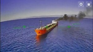 Ukrainian Drone Dodges Russian Helicopter Fire to Target Oil Tanker